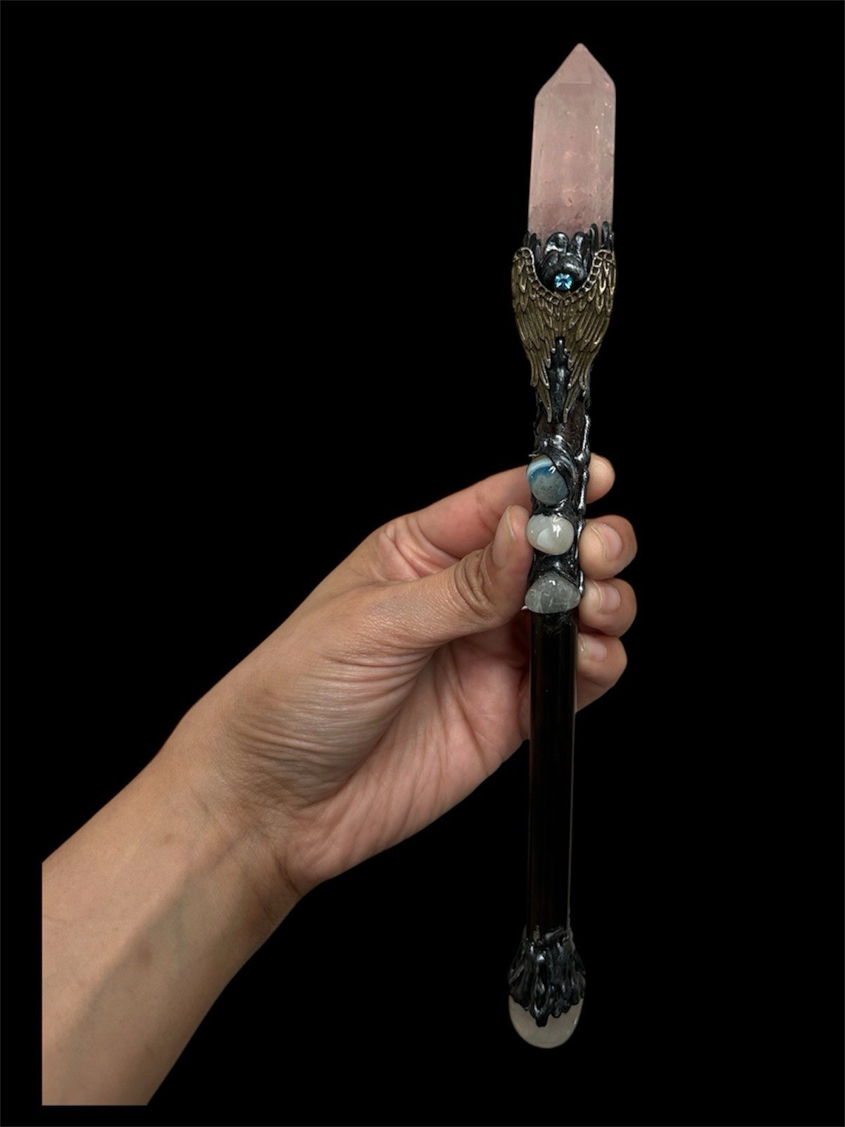 Hand Crafted Magic Rose Quartz and Gemstones Wand 10 Inches Clear Quartz Healing