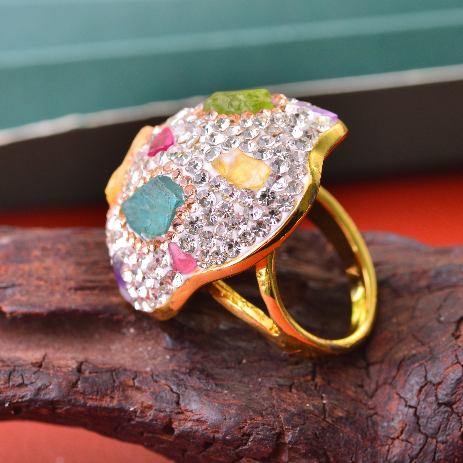 Crystal-encrusted gemstone ring alloy inlaid with handmade Energy Crystal