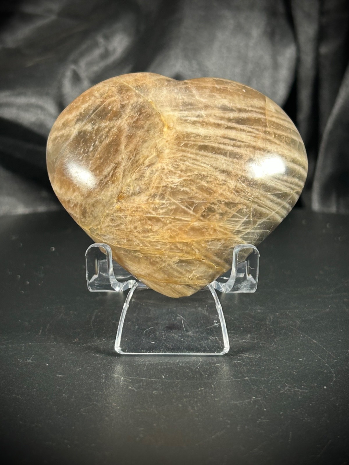 2.79″ Black Peach Moonstone With Acrylic Stand 6.3oz (178 grams)