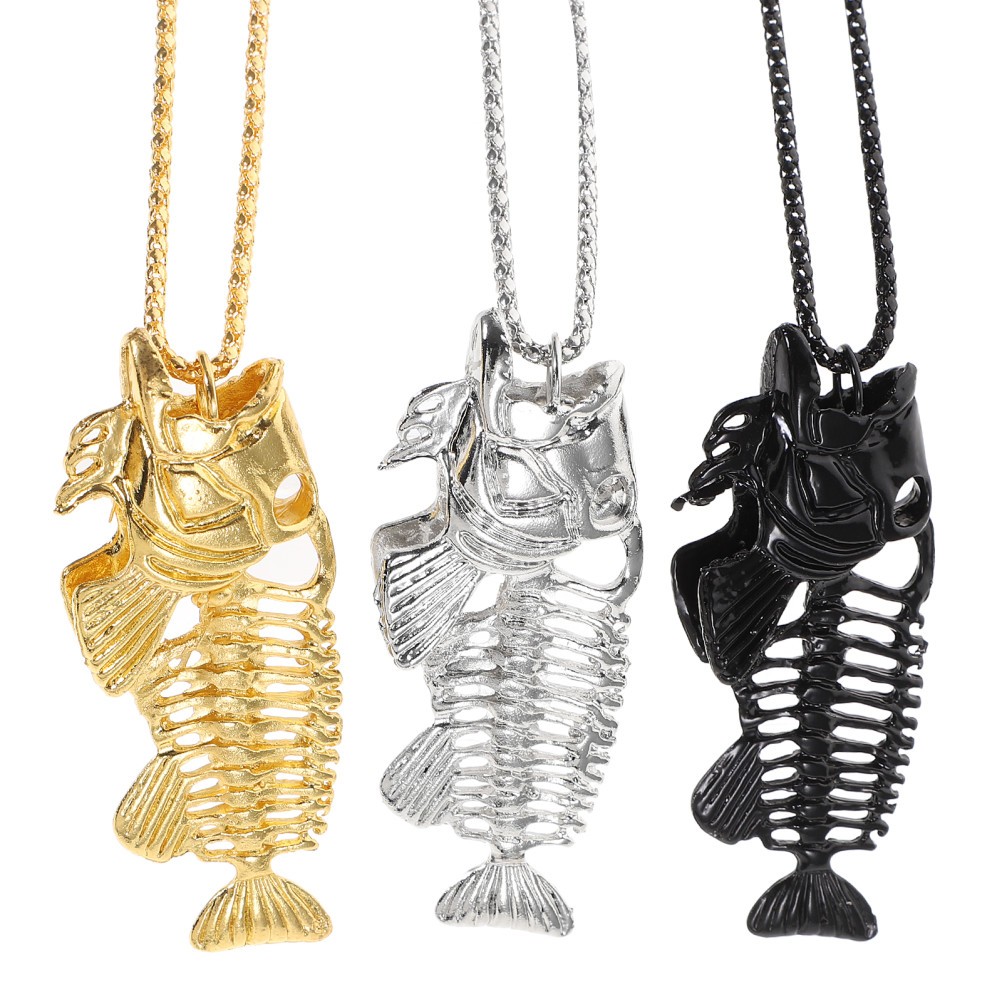 3Pcs Durable Fish Bone Necklace Alloy Fishing Hook Stainless Steel Surfer Chain