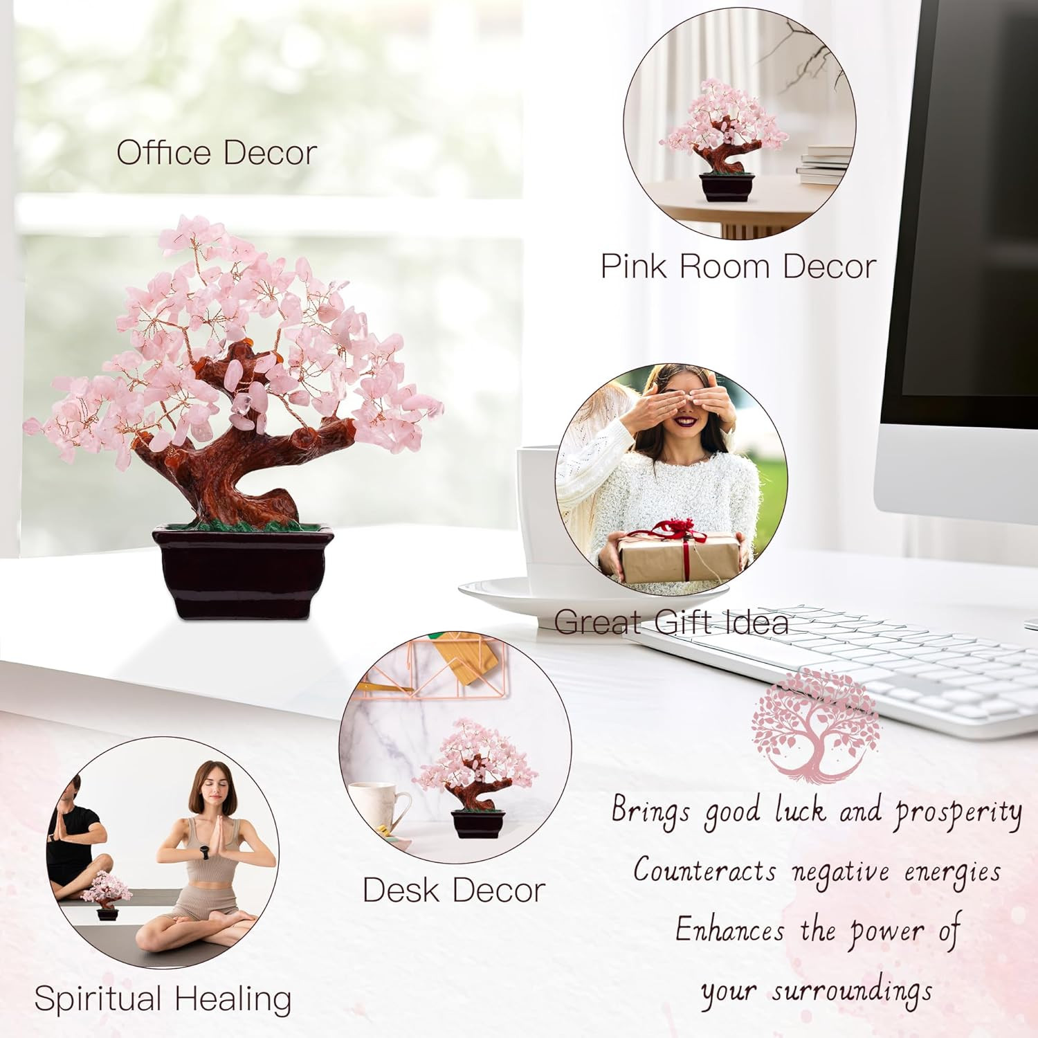 Feng Shui Natural Rose Pink Quartz Crystal Money Tree, Healing Crystal Trees Bon