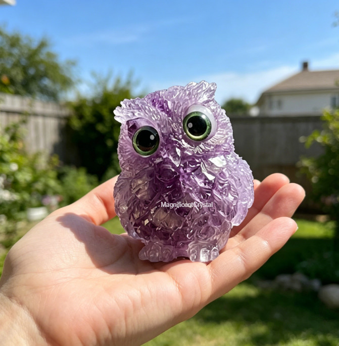 Natural Amethyst Crystal Owl Carving Birds Figurine Decor Healing Stone Animals