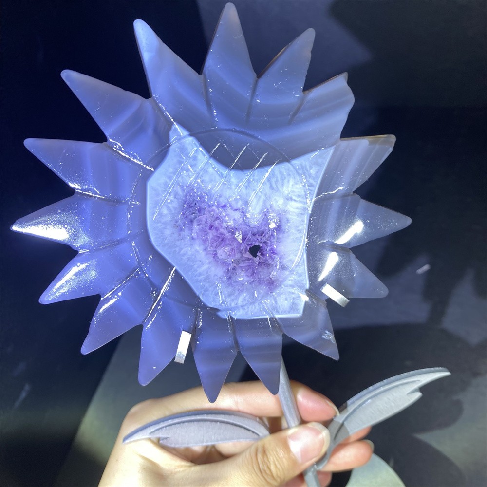 0.8LB 8.2″ A++Natural Druzy Amethyst Sun Flower Crystal Reiki Heal Carving Decor