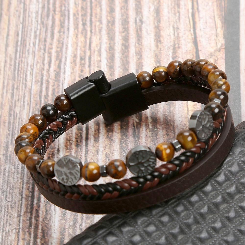 Men’s Classic Tiger Eye Beaded Leather Bracelet Multi Layer Elegant Jewelry Gift