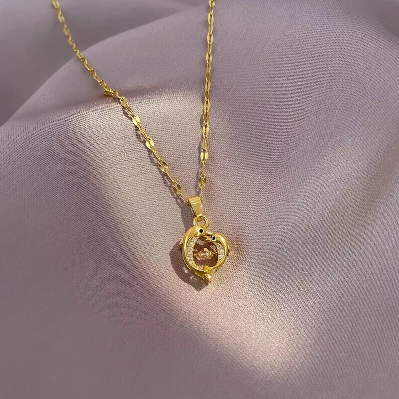 Women’s Fashion Jewelry Gold Cubic Zircon Dolphins Pendant Necklace 1PC