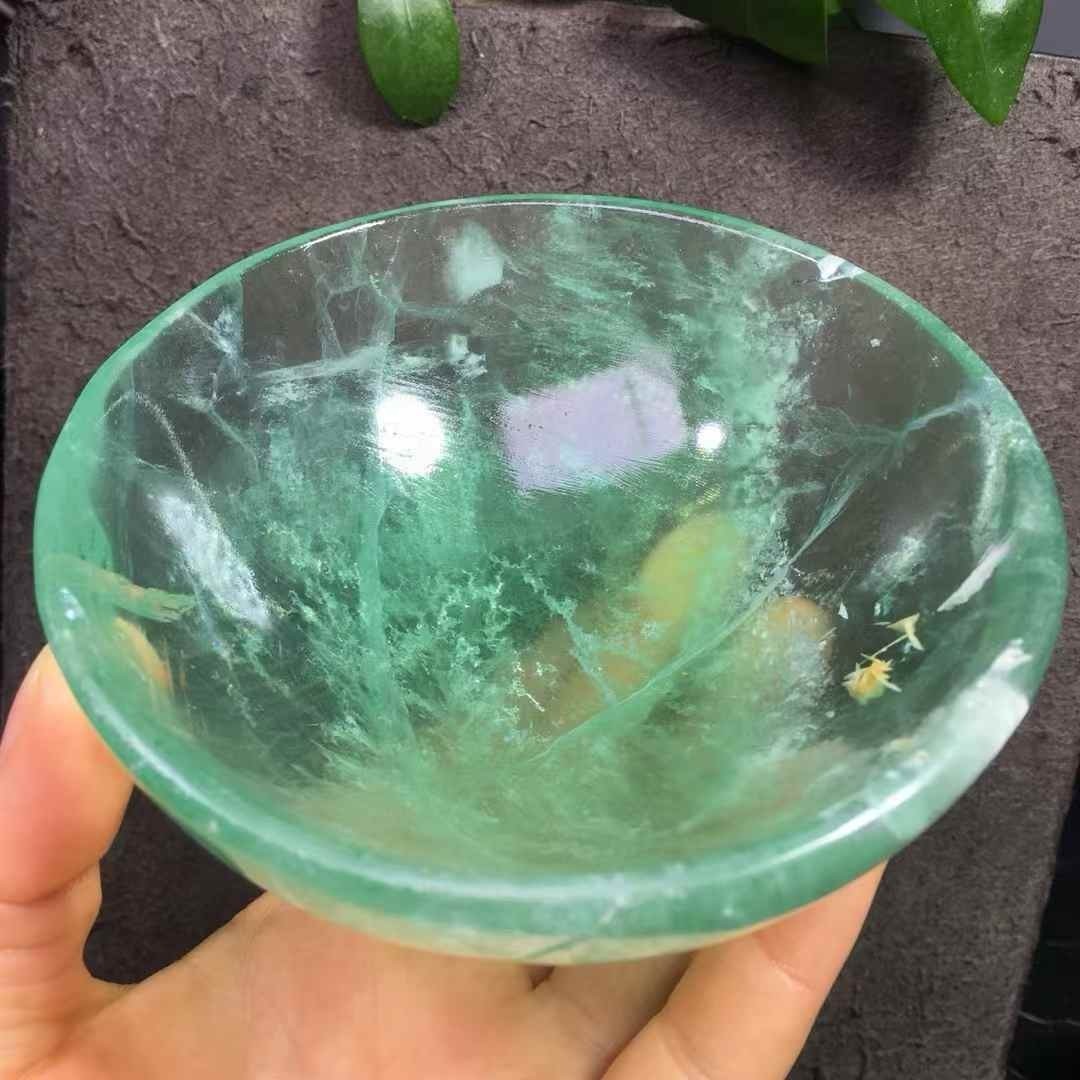 1PC Natural green fluorite crystal quartz Carved bowl Reiki Healing Gift