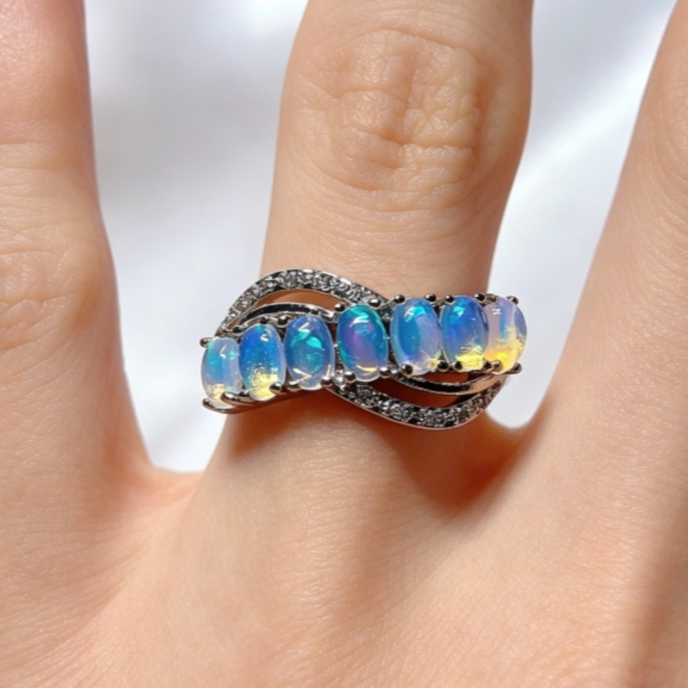 Rainbow Flash Opal Adjustable Open Ring Gemstone Jewelry Healing Gift For Women