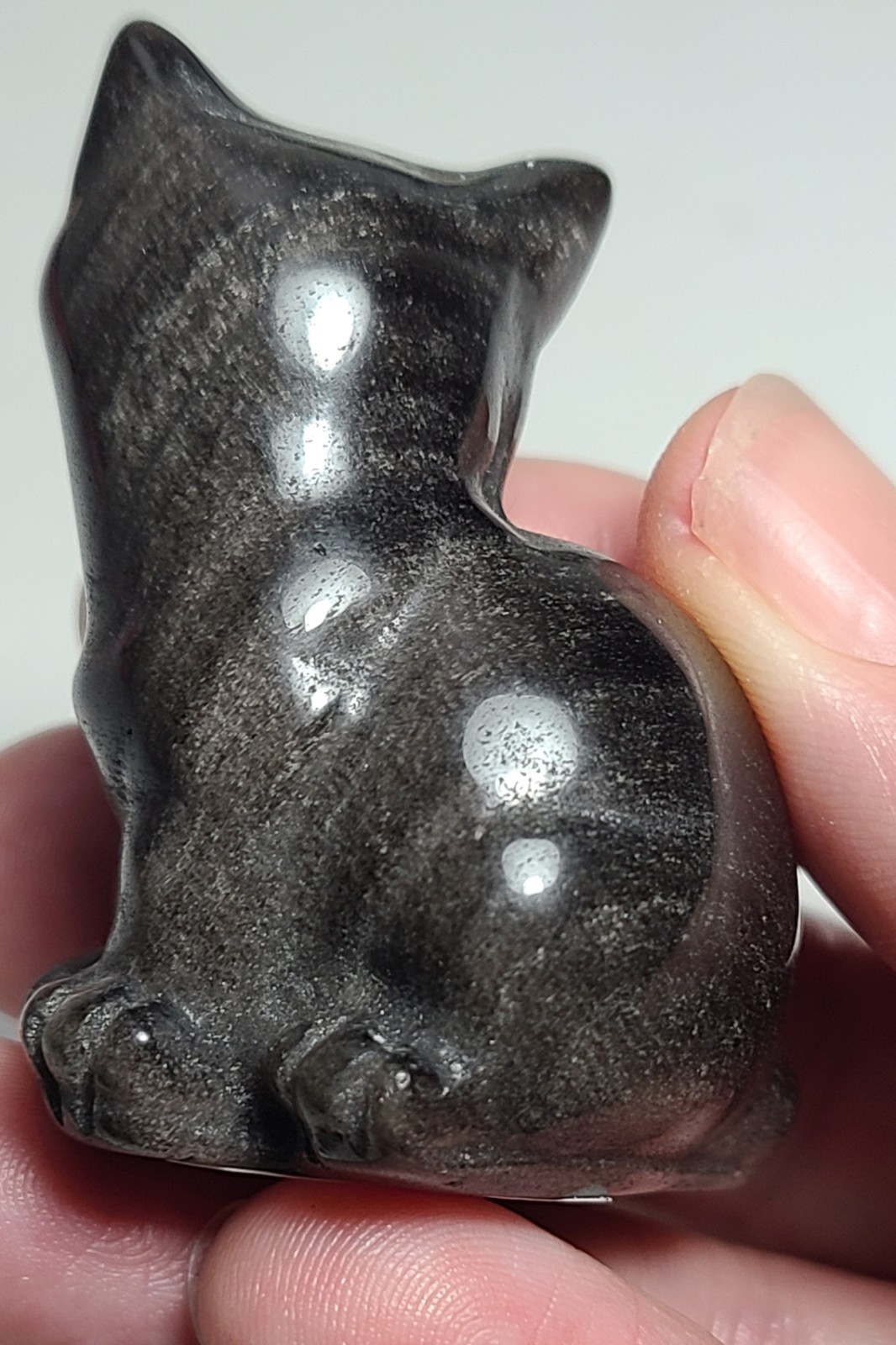 2″ 54g Adorable Silver Sheen Obsidian Sitting Cat Crystal Stone Carving Statue