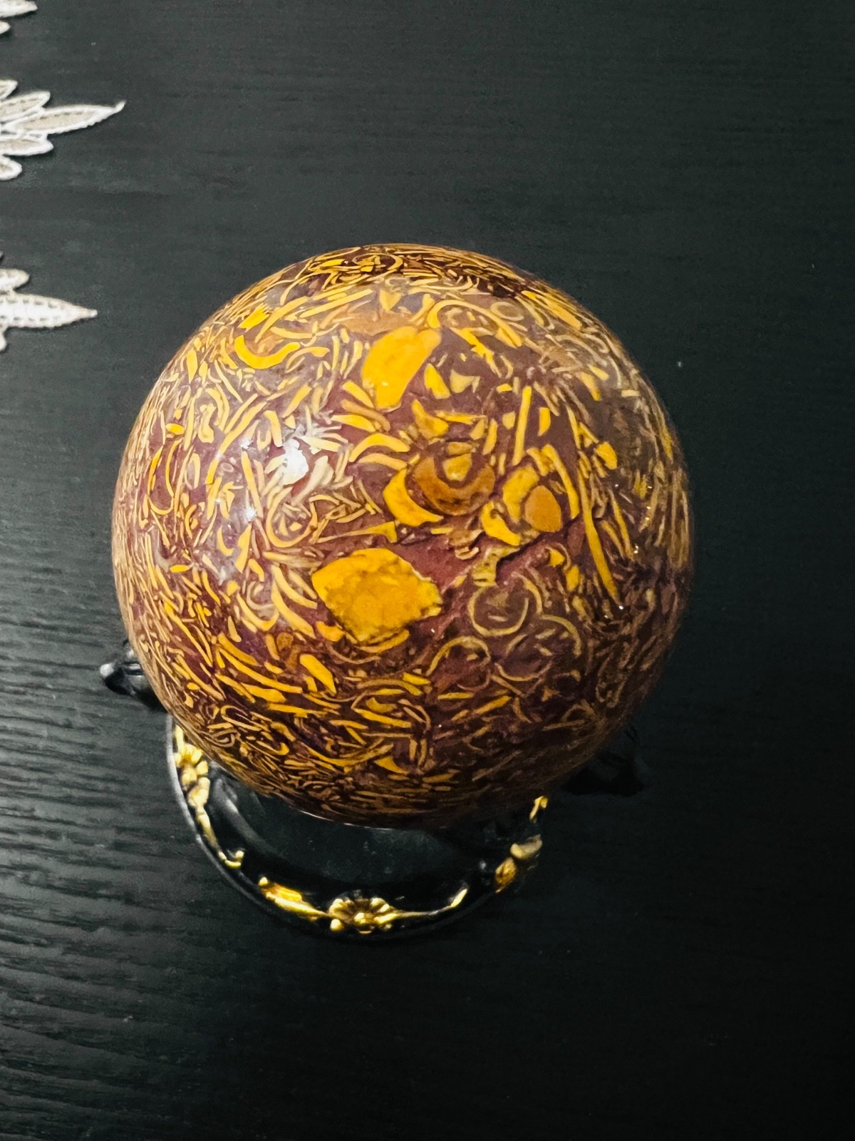 Rare Natural Calligraphy Crystal Sphere Yellow Mariam Jasper Stone 5.5 cm 228g