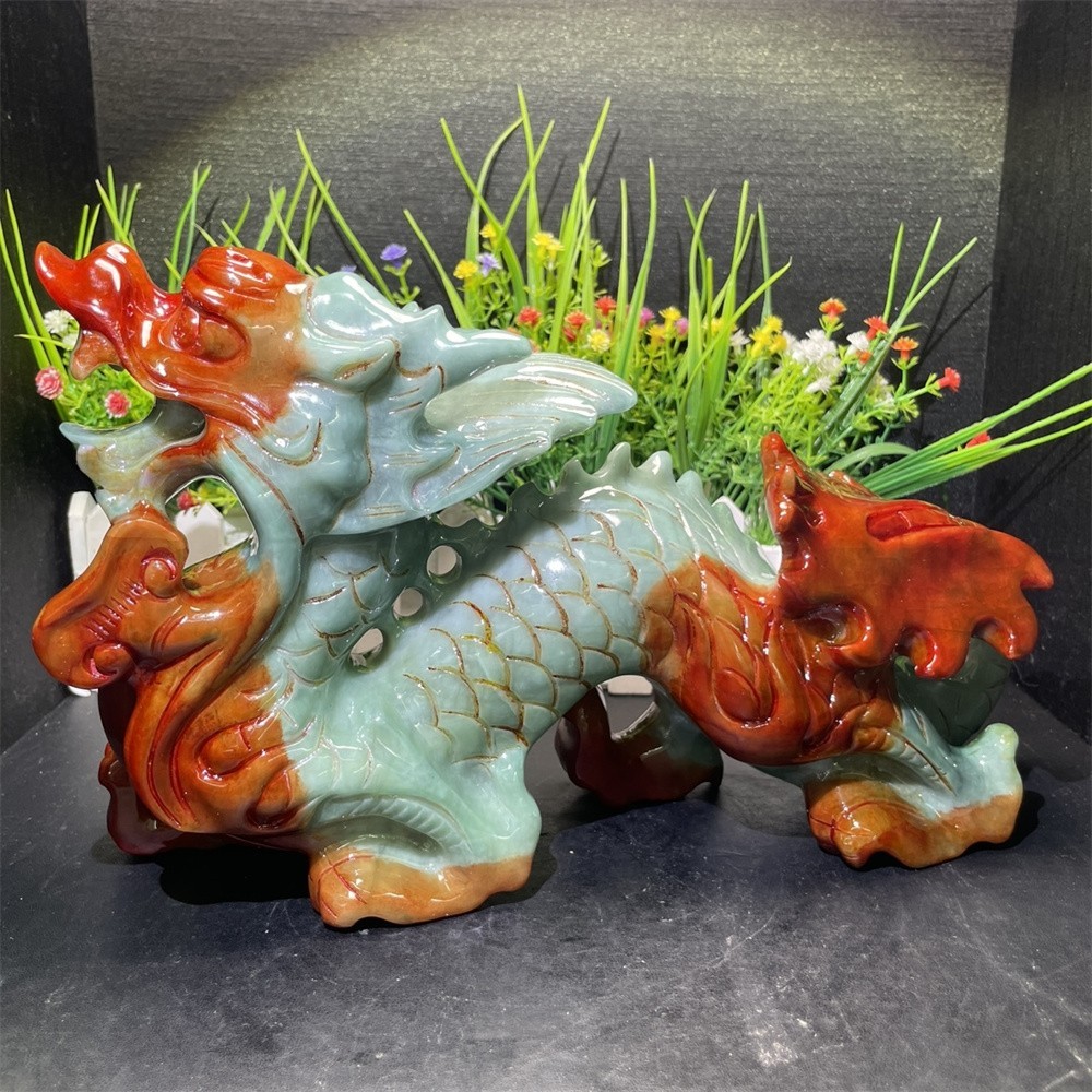 7.4LB 11″ Natural Xiuyan Jade Dragon Decor Crystal Healing Energy Carving Statue