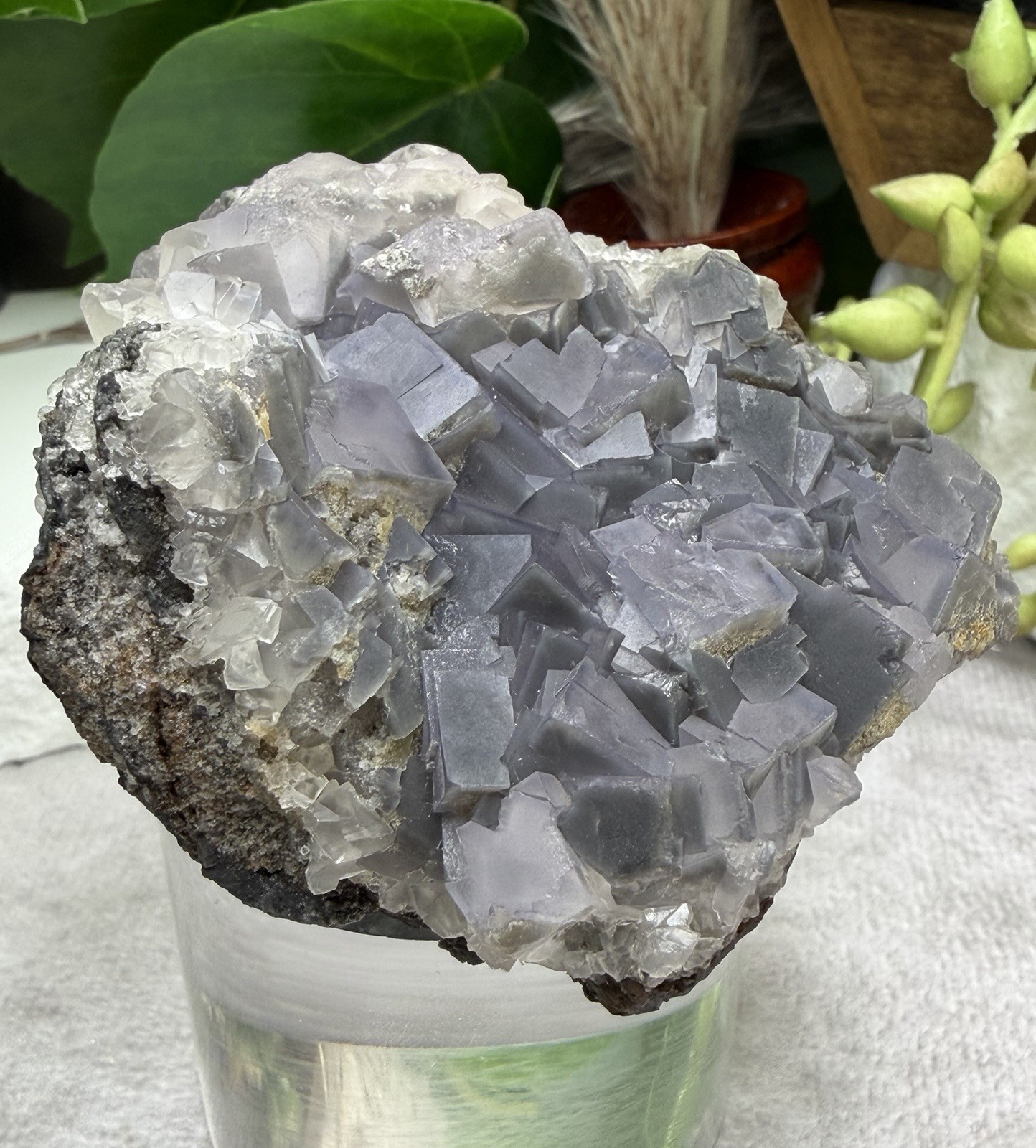Crystal 242g QR Code Cube Grey Fluorite UV Reactive Cluster Specimen Mineral
