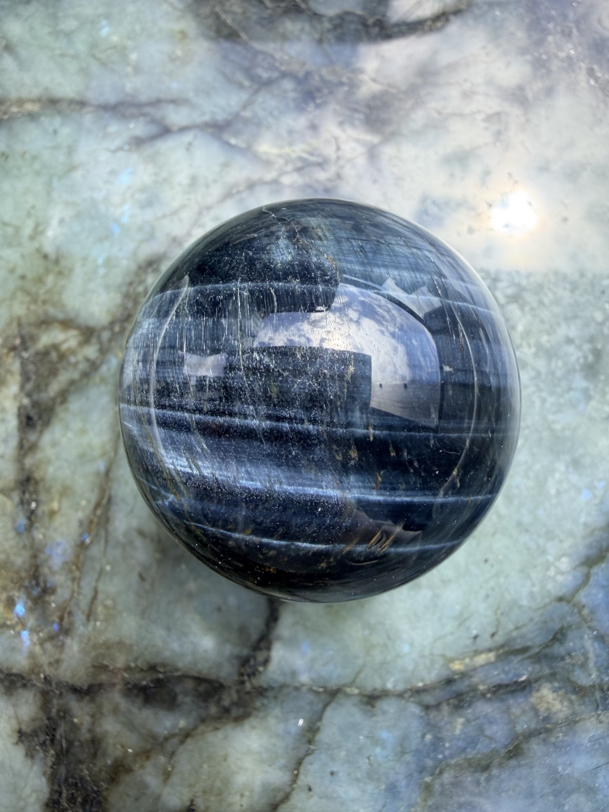 Blue Tiger’s Eye (Hawk’s Eye) Sphere | Intense Chatoyancy Cat’s Eye Effect |1.9″