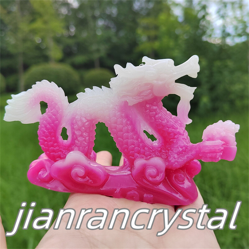 4″ Pink Luminous Stone Sculpture Dragon Resin Decor Skull Chinese Dragon 1pc