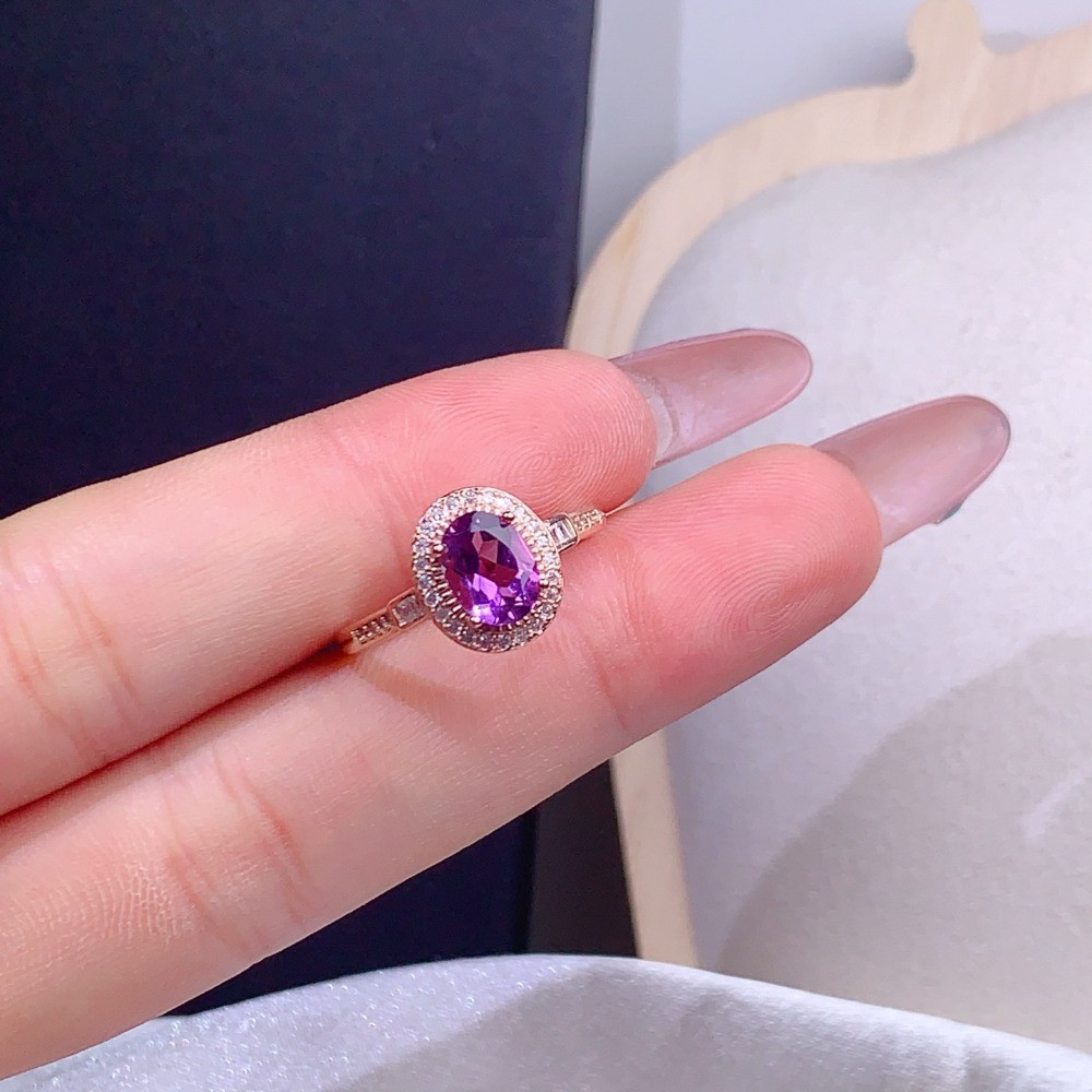 Natural Amethyst Open Adjustable Ring Gemstone S925 Silver Plated 18K Gold Gift