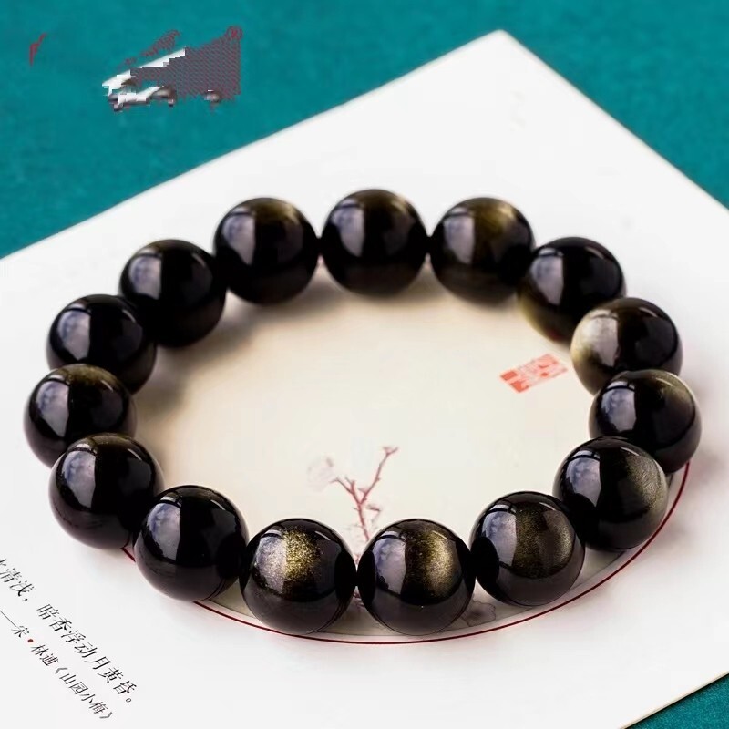 12mm Natural Gold Obsidian Gemstone Crystal Big Round Bead Bracelet AAAA