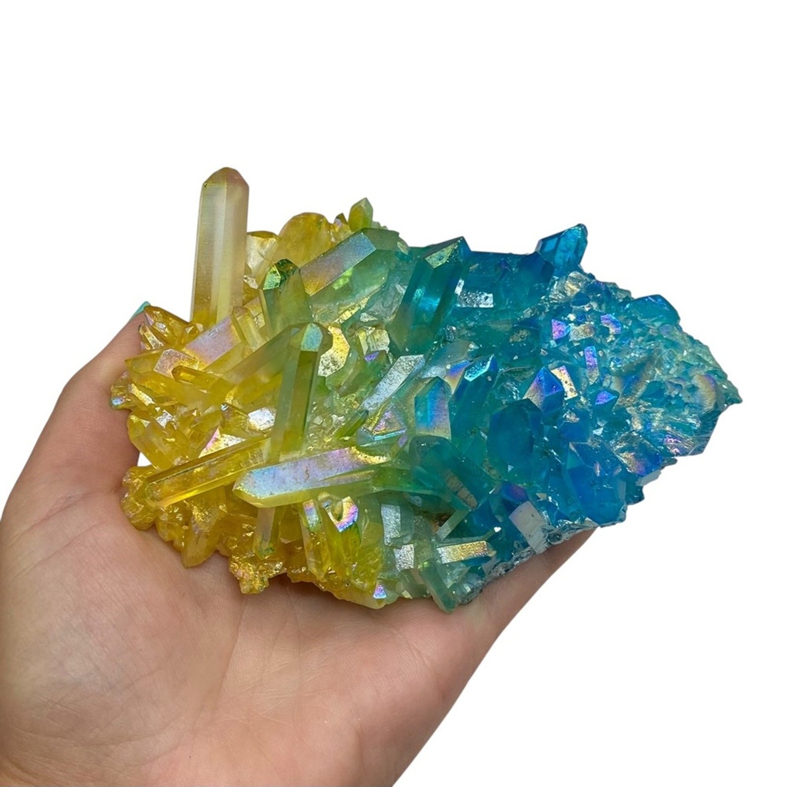 Aura Quartz Crystal Cluster Yellow Blue Clear Iridescent Stone Display Gift