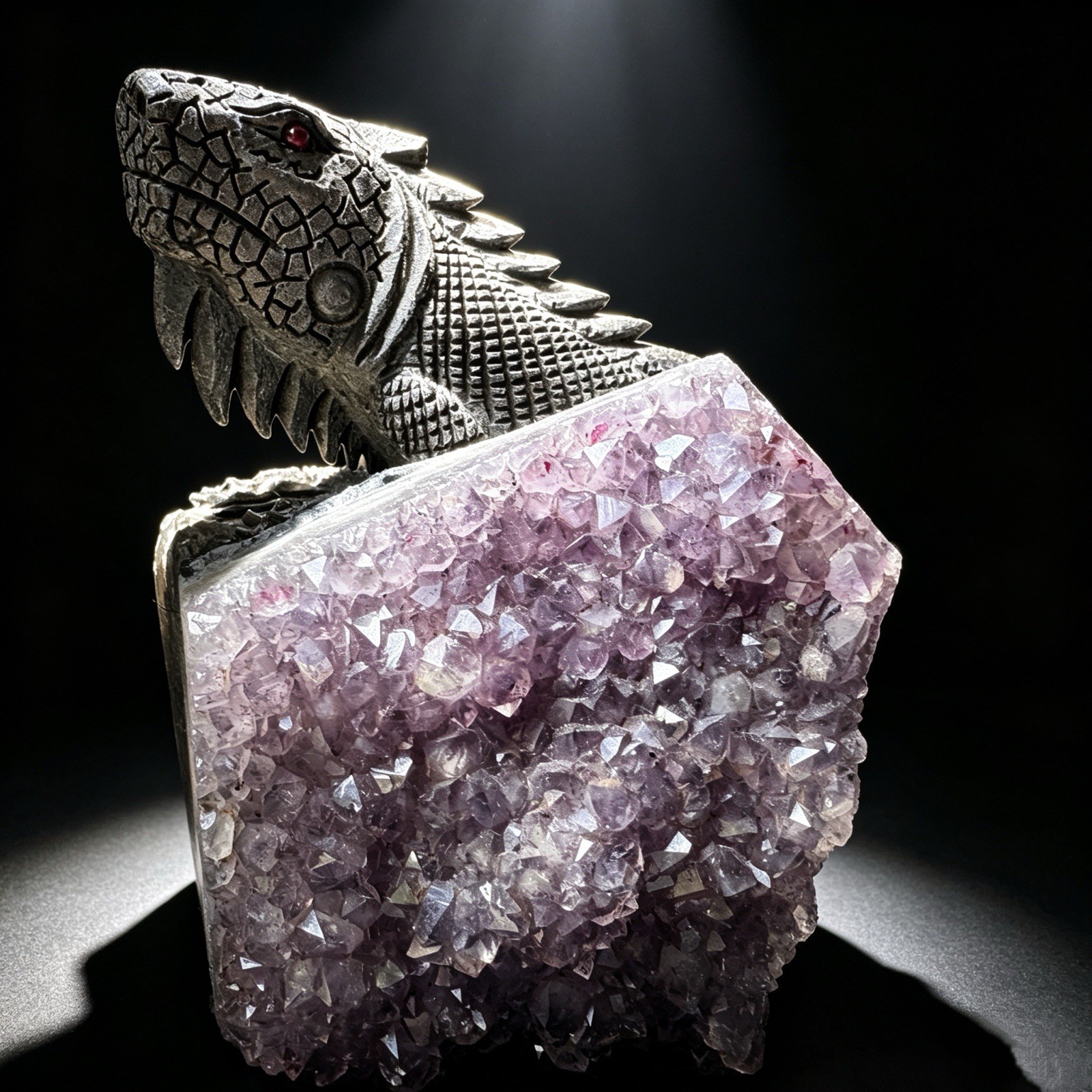 Hand Carved Amethyst Cluster Lizard Figurine Natural Crystal Reptile Sculpture