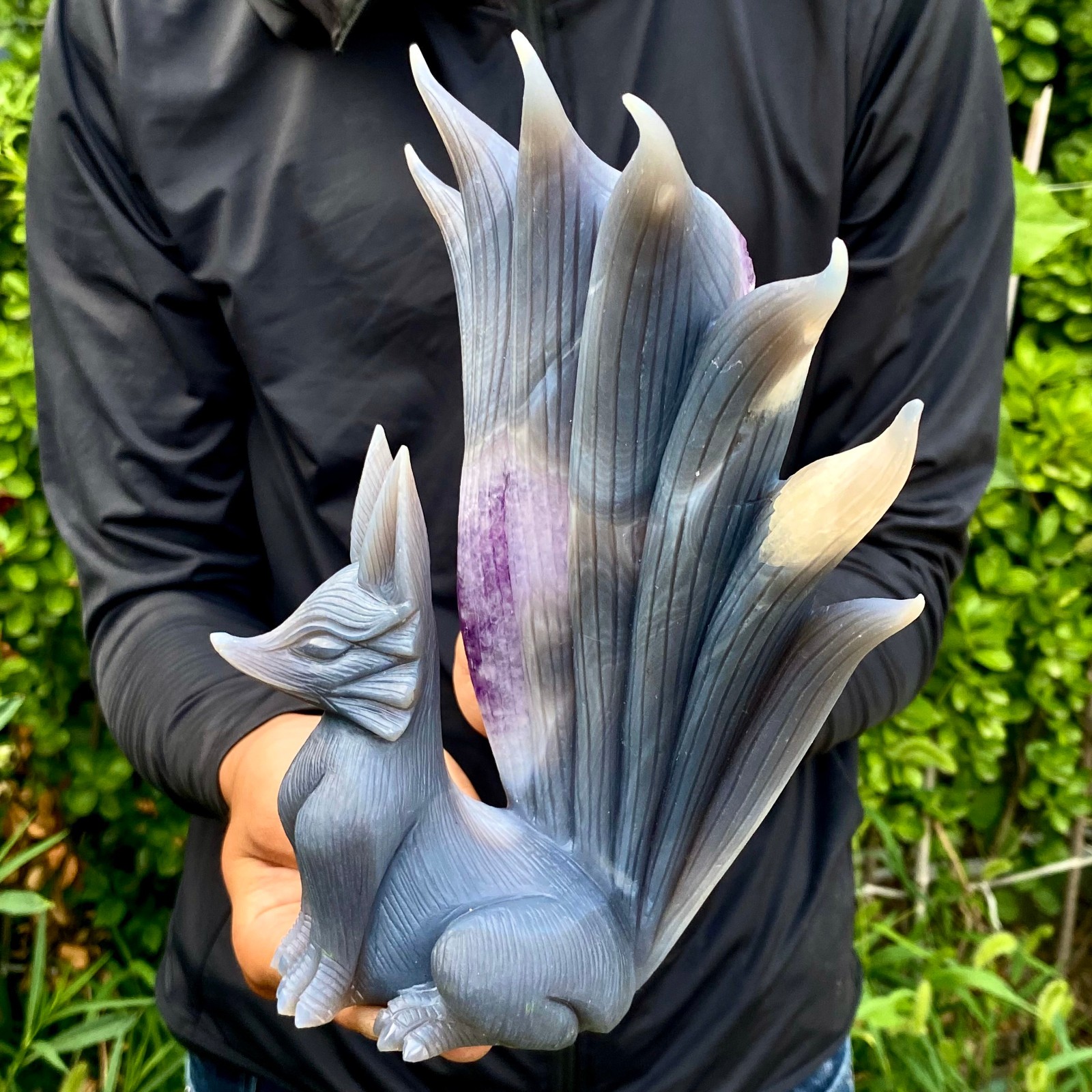3.99LB Natural Agate Geode Hand Carved Nine-tailed Fox Quartz Crystal Decor