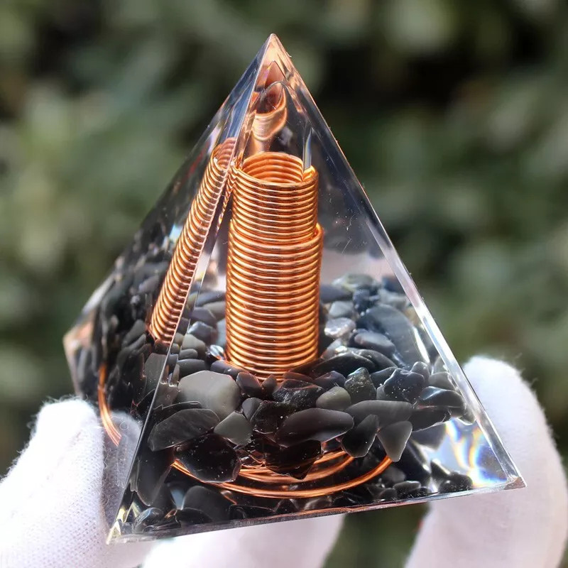 Spiral Copper Orgonite Pyramid Obsidian Orgone Healing Crystal Energy Meditation
