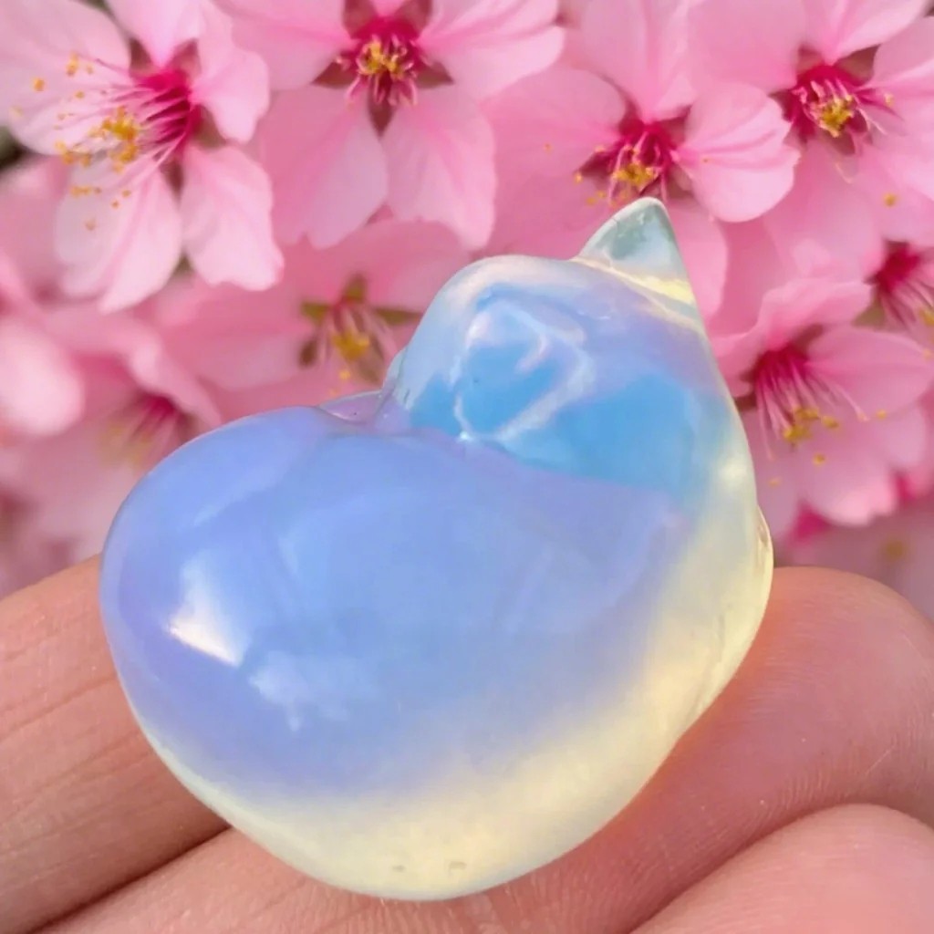 Natural Opalite Sleeping Cat Hand Carved Quartz Crystal Healing Home Decor Gift