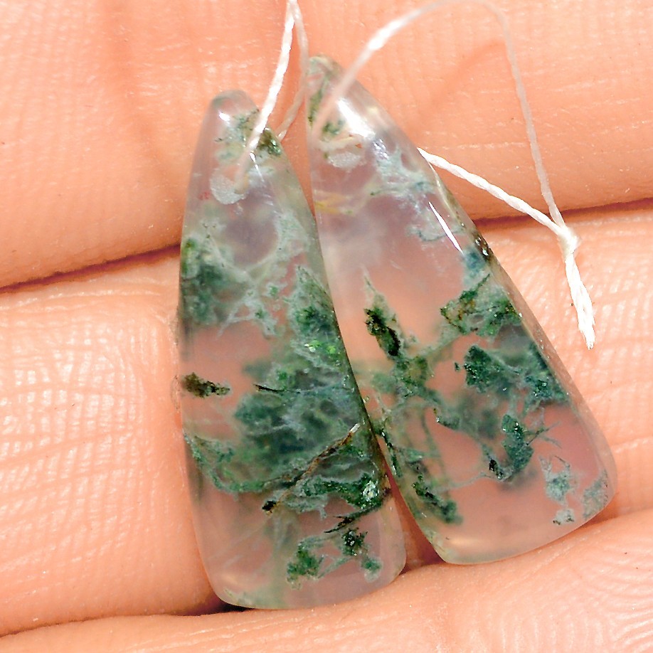 13 Cts Natural Green Moss Agate Cabochon Gemstone Front Drill Pair 20x7mm #P978