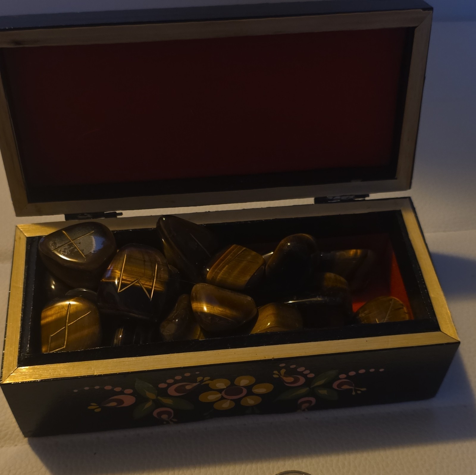 Russian Decorative Wood Box w/ Polished Tumbled Stones, Made in USSR