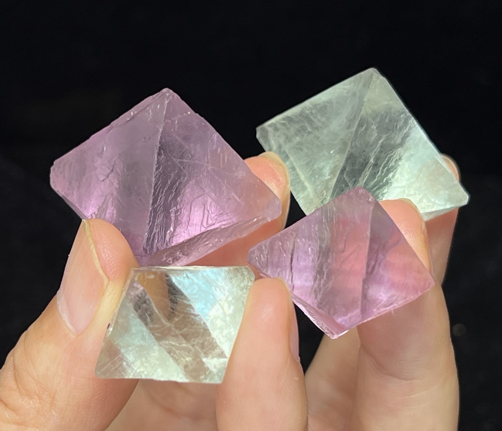 4pcs=USD28 Jelly-like Purple and Green Octahedron Fluorite from China