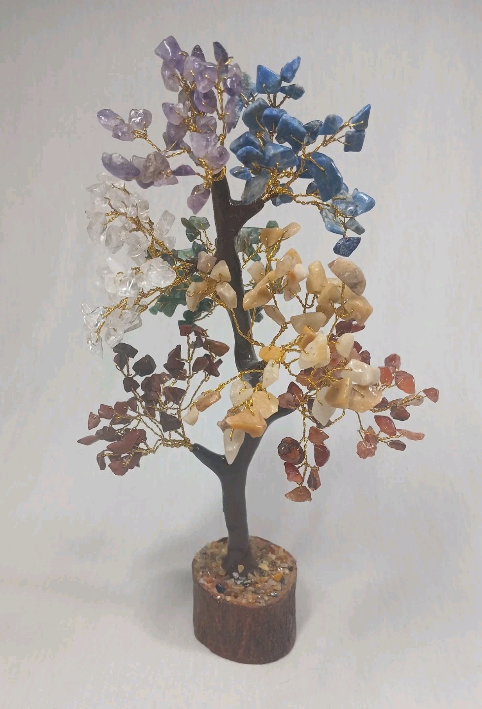 Seven Chakra Tree of Life Gemstone Wire Bonsai Tree Wood Base 10+ Inches Tall