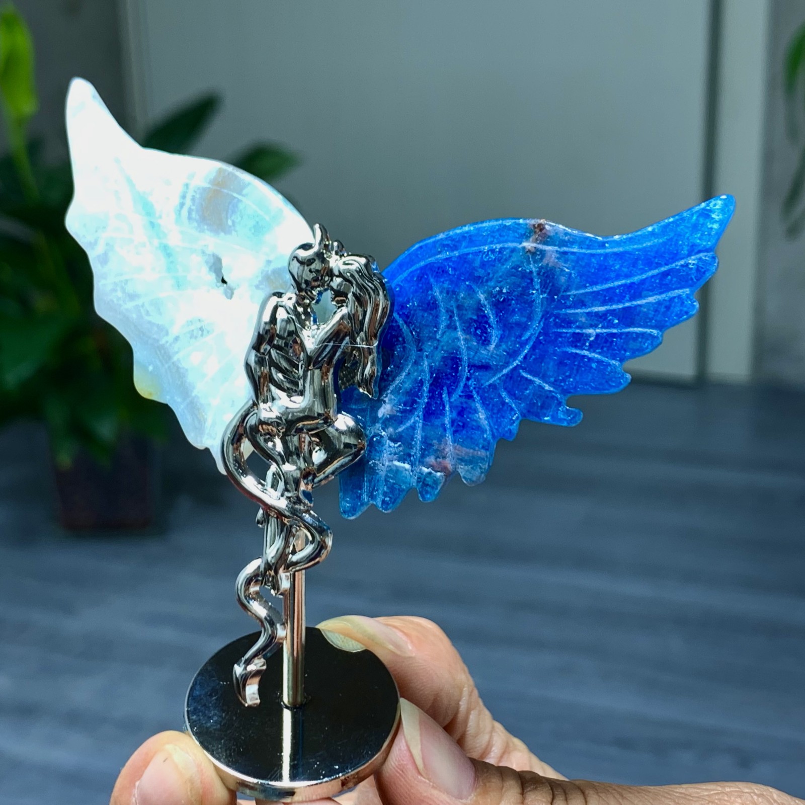 45G Natural hemimorphite and blue apatite hand carved devil angel wing specimen