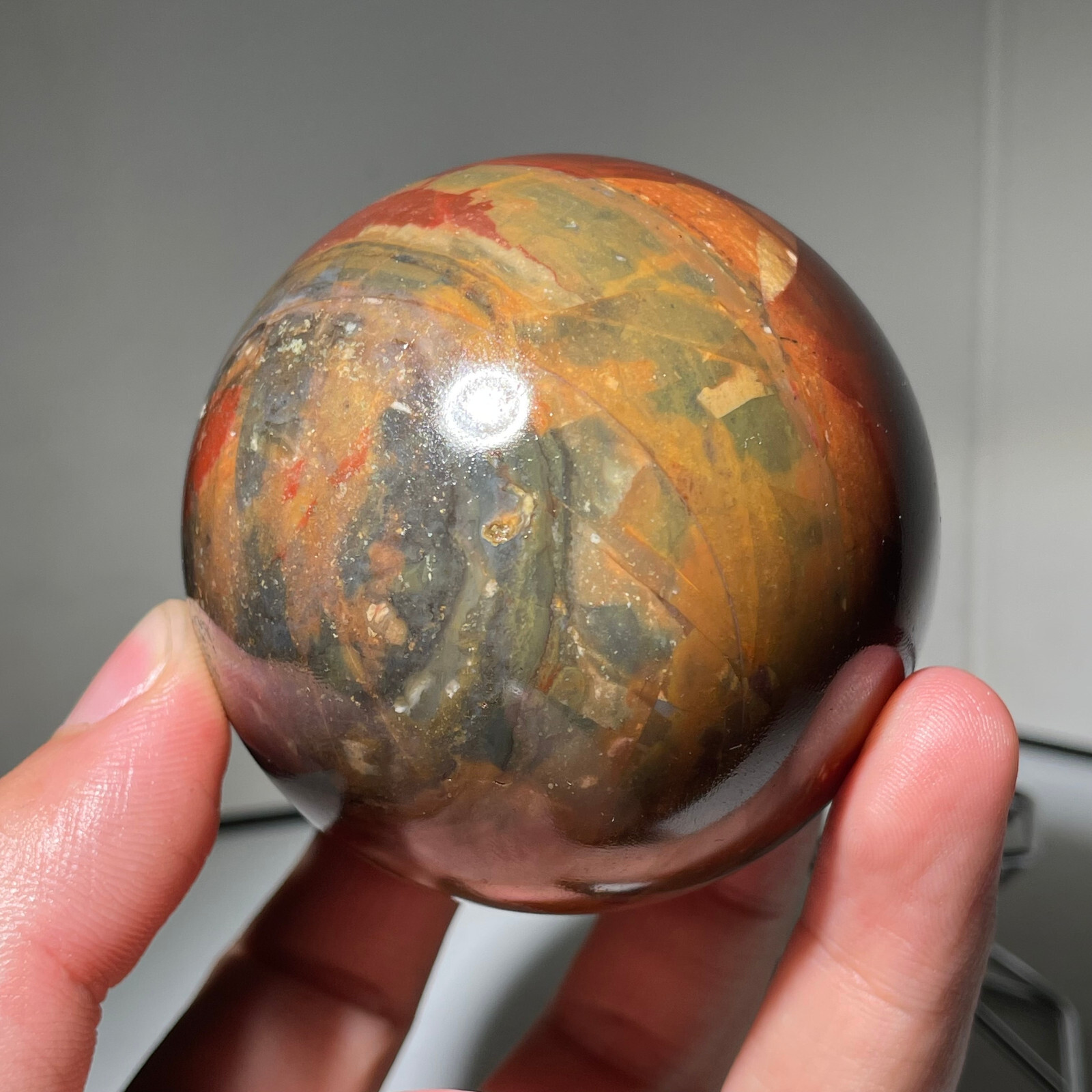 Rare 449g Polished Orbicular Ocean crystal Jasper Sphere Reiki Healing + Stand