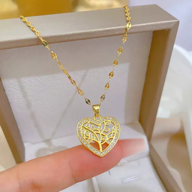 Women Fashion Jewelry Cubic Zircon Gold Tree Of Life Heart Pendant Necklace 1PC