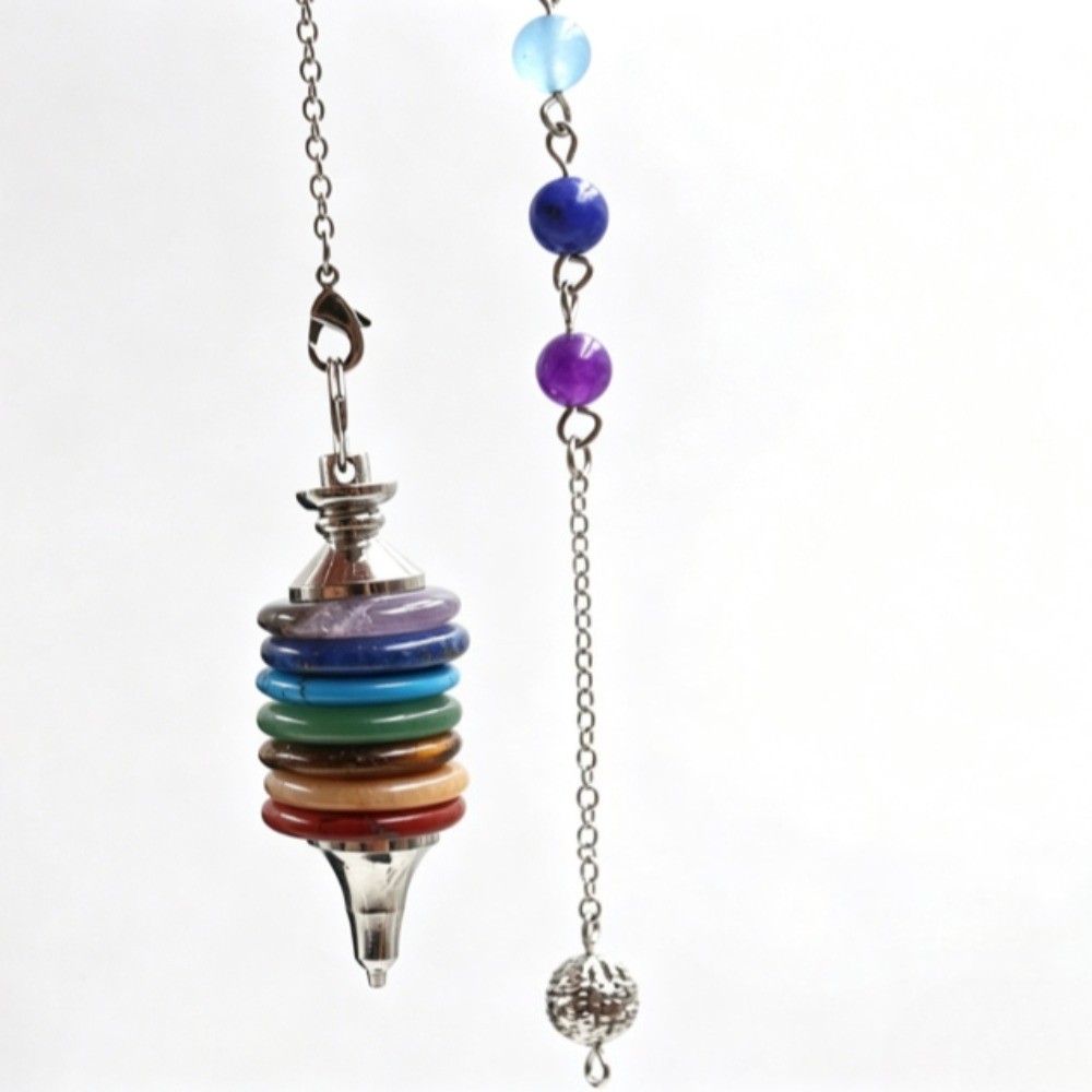 Natural Seven Chakra Crystal Disc Pendulum Dowsing Pendant HandCrafted Healing