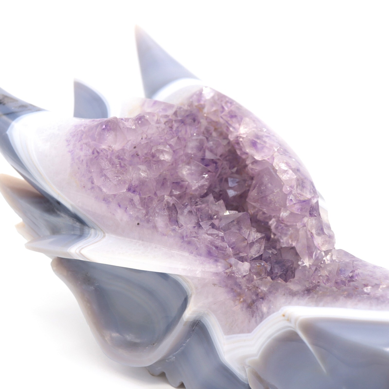 10″ Agate Amethyst Cluster Hand Carved Dreagon Head Sculpture, Crystal Healing