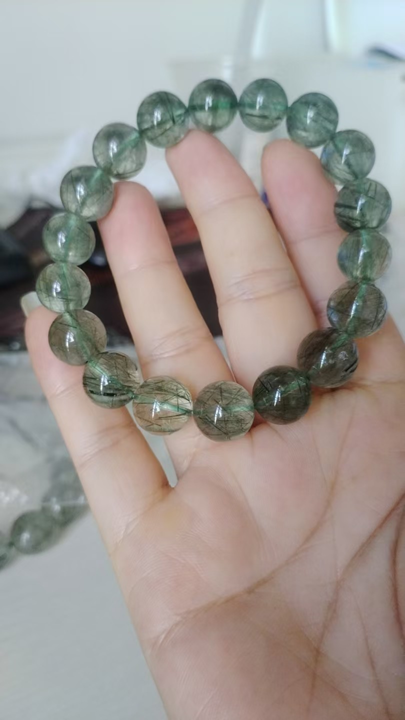 Natural rare Green Rutilated Quartz round Bracelet Adult Collectibles