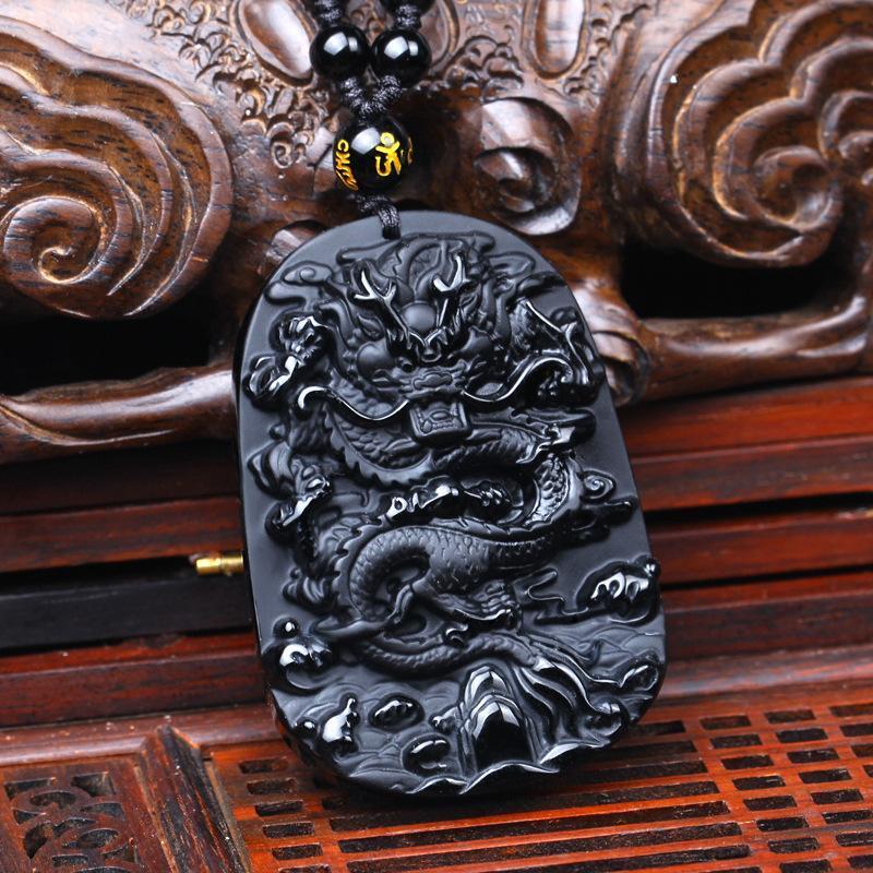 Obsidian Dragon Pendant Mens Guardian Zodiac Lucky Charm Necklace
