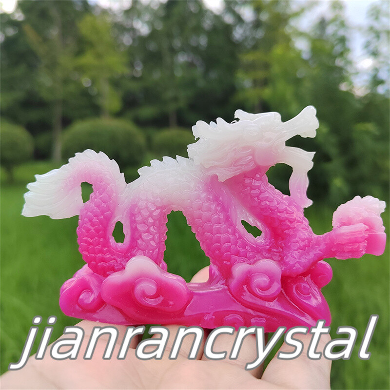 4″ Pink Luminous Stone Sculpture Dragon Resin Decor Skull Chinese Dragon 1pc