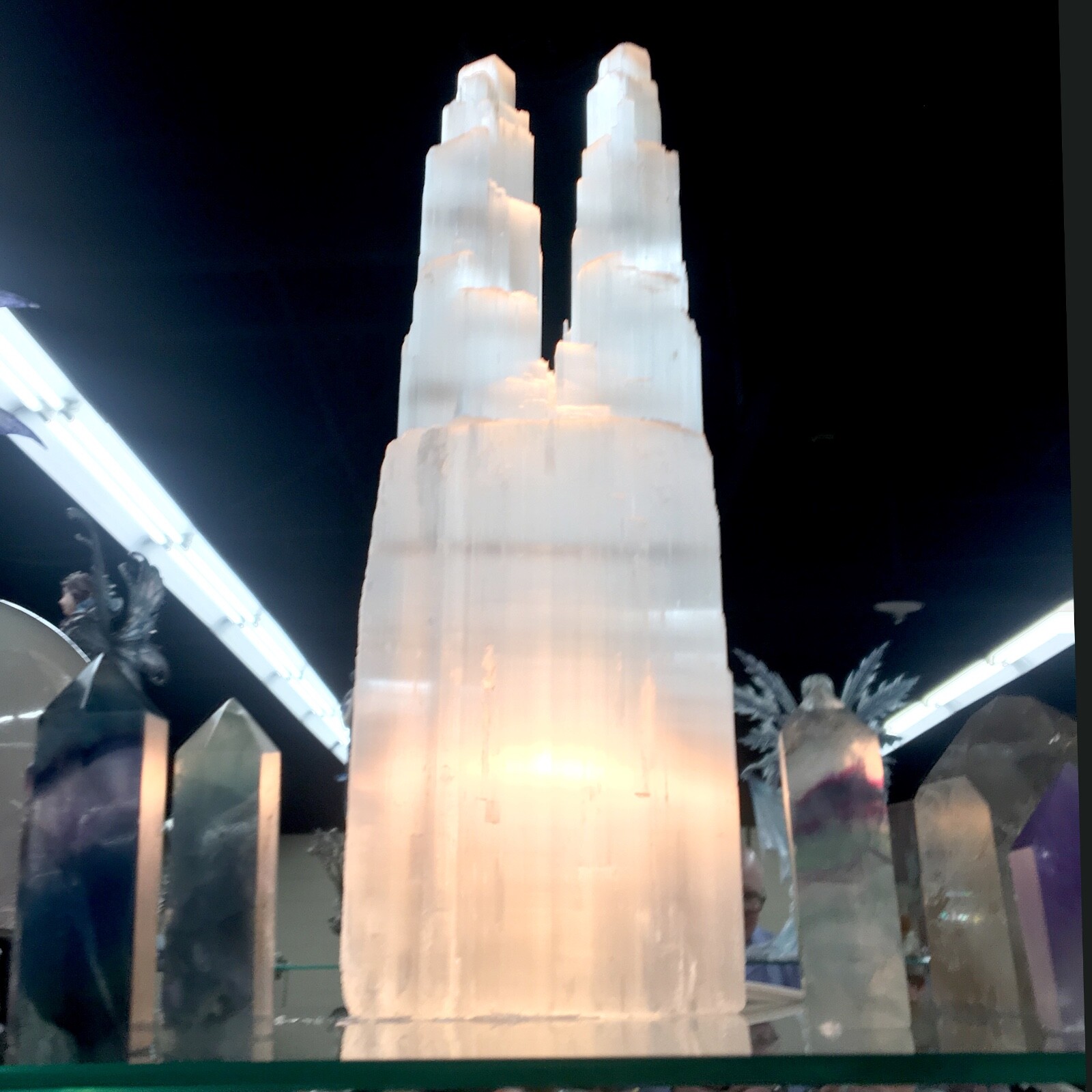 Selenite Double Tower Lamp ” White Natural Crystal Light Twin Tower LED 10″ Tall