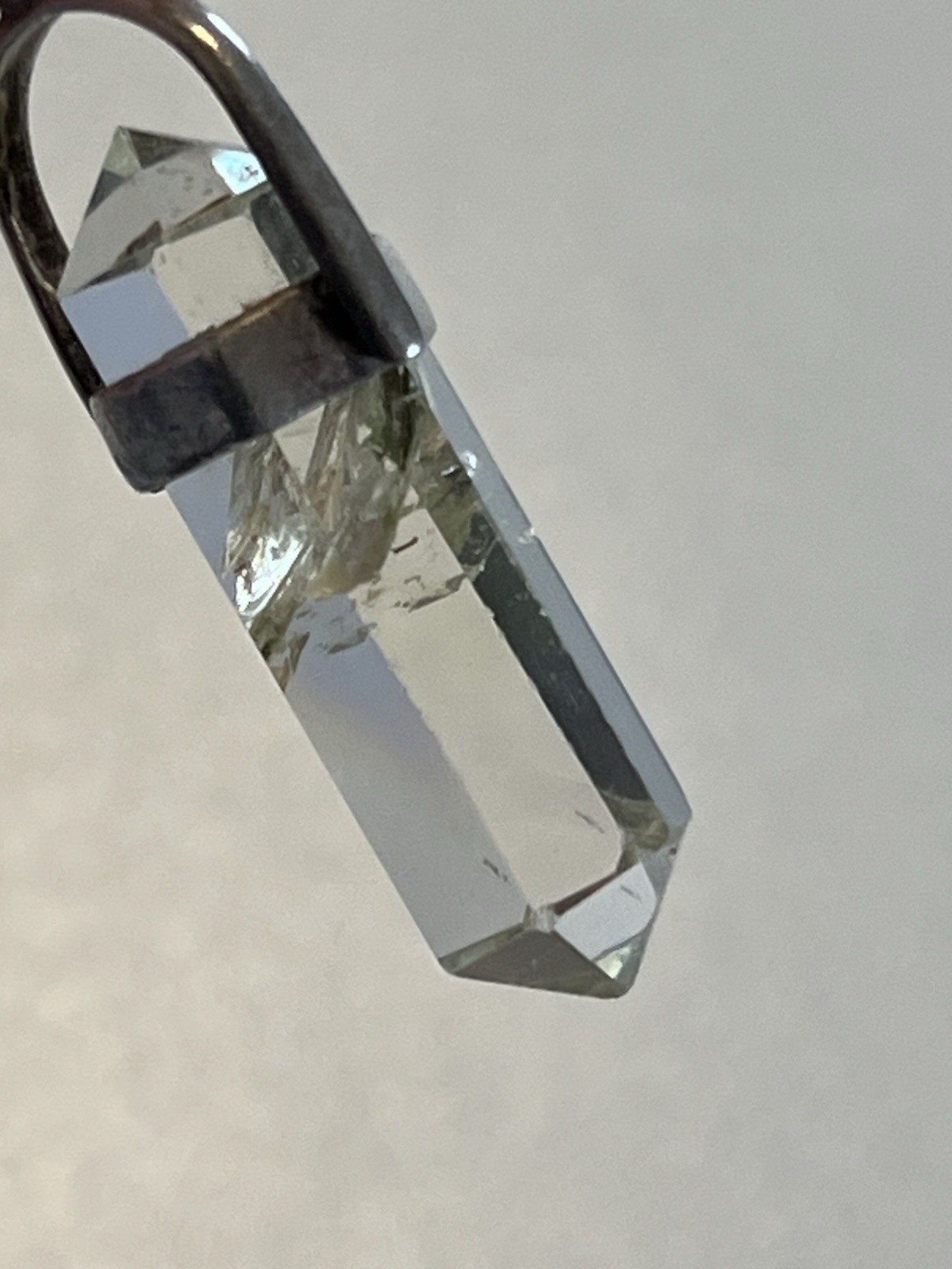 Green Phantom Quartz Pendant Double Terminated Clear Crystal Silver Hoop 6.9g