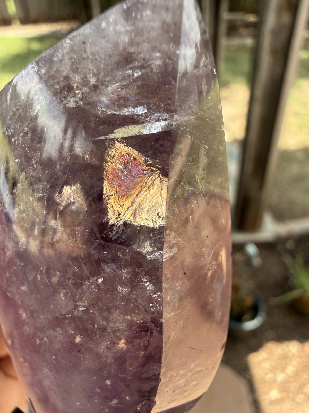 6 1/2in. High Grade Quality Phantom Amethyst Quartz Flame Drop Crystal On Stand