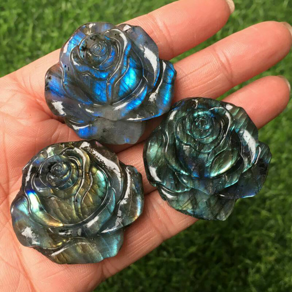 Natural Labradorite Hand Carved The Roses Quartz Crystal Healing Reki Decoration