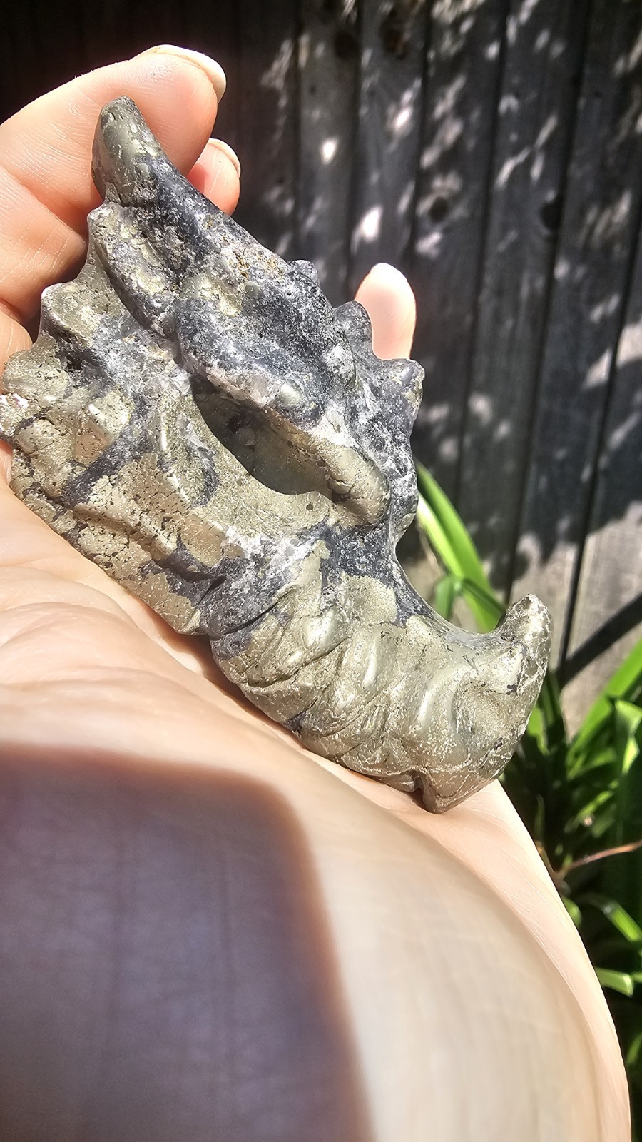 large Pyrite crystal Dragon head Carving 8.1 X 4.5cm 263g Abundance Wealth