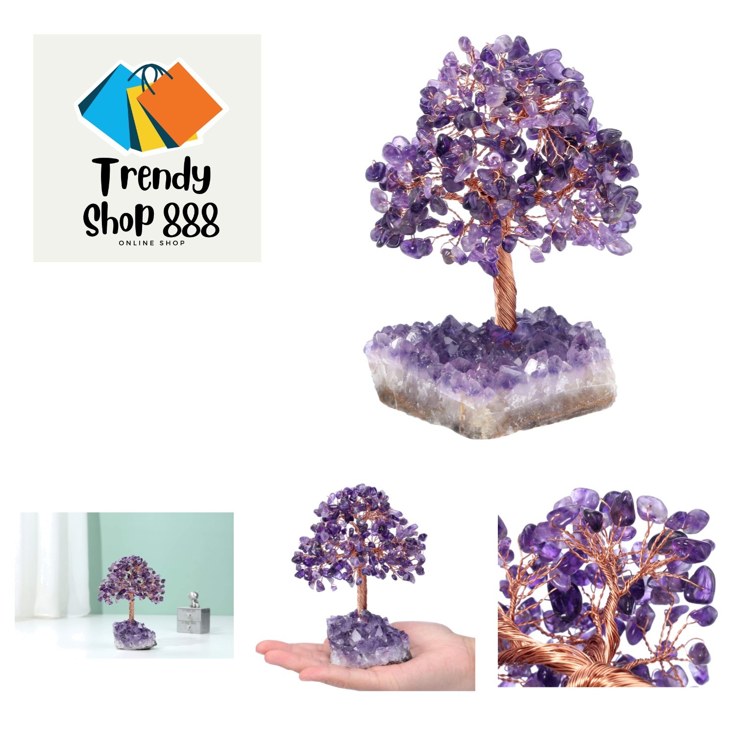 Natural Amethyst Healing Crystal Money Tree on Amethyst Cluster Geode Druzy B…