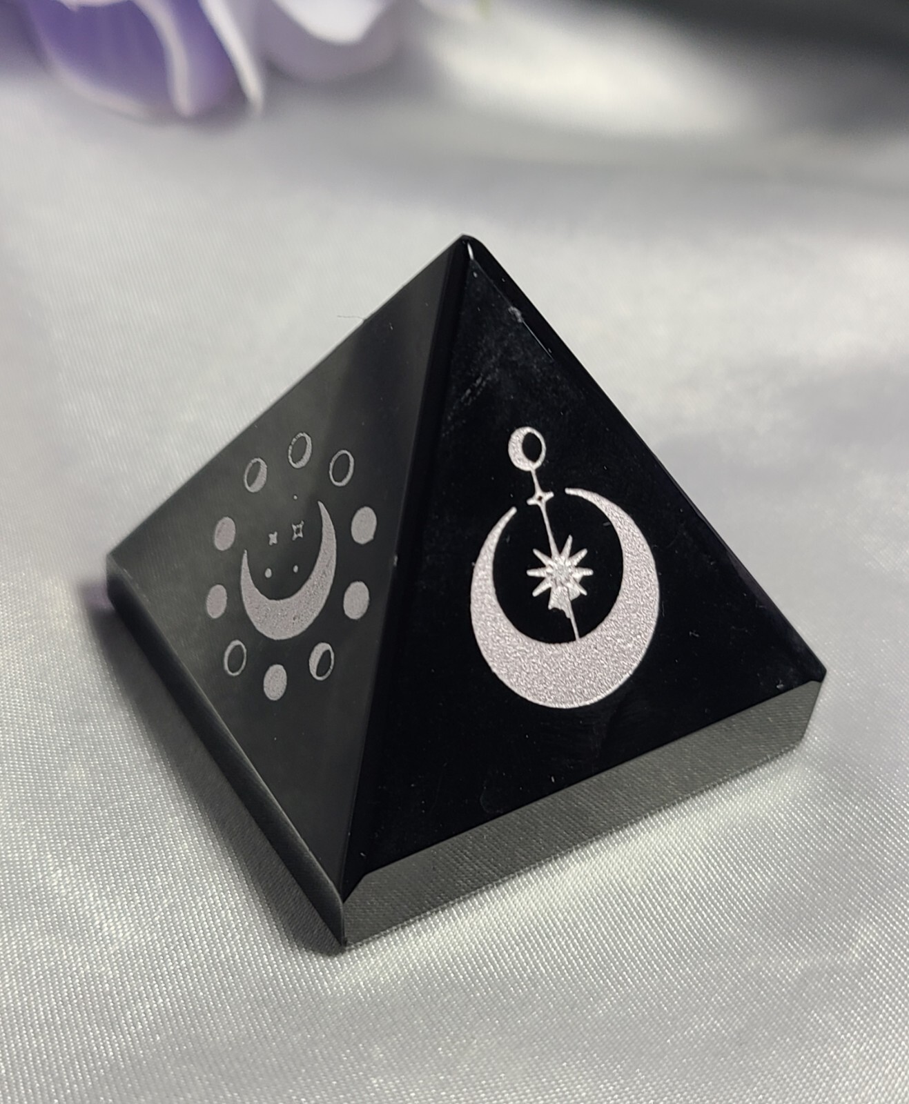 1.7″ Black Obsidian Sphere Crystal Pyramid Silver Engraved Moon & Stars Wiccan