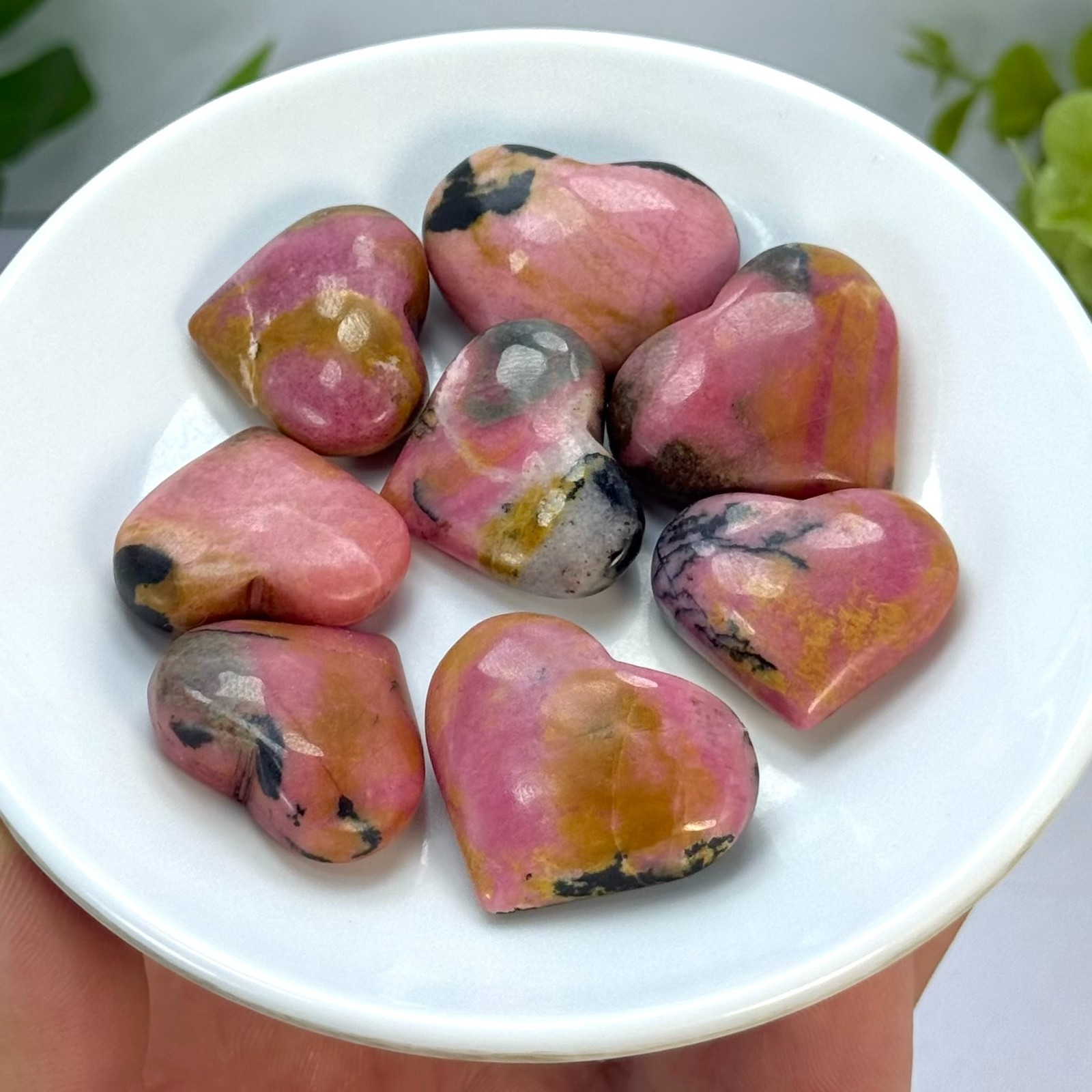 Pink Polished Rhodonite Crystal Heart Stones, Rhodonite Polished Pink Heart Ston