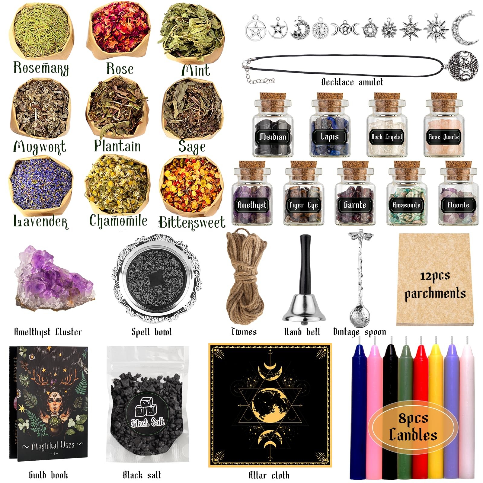 Witchcraft Supplies Kit for Spells, 56 PCS Witch Box Include Dried Herb Crystal