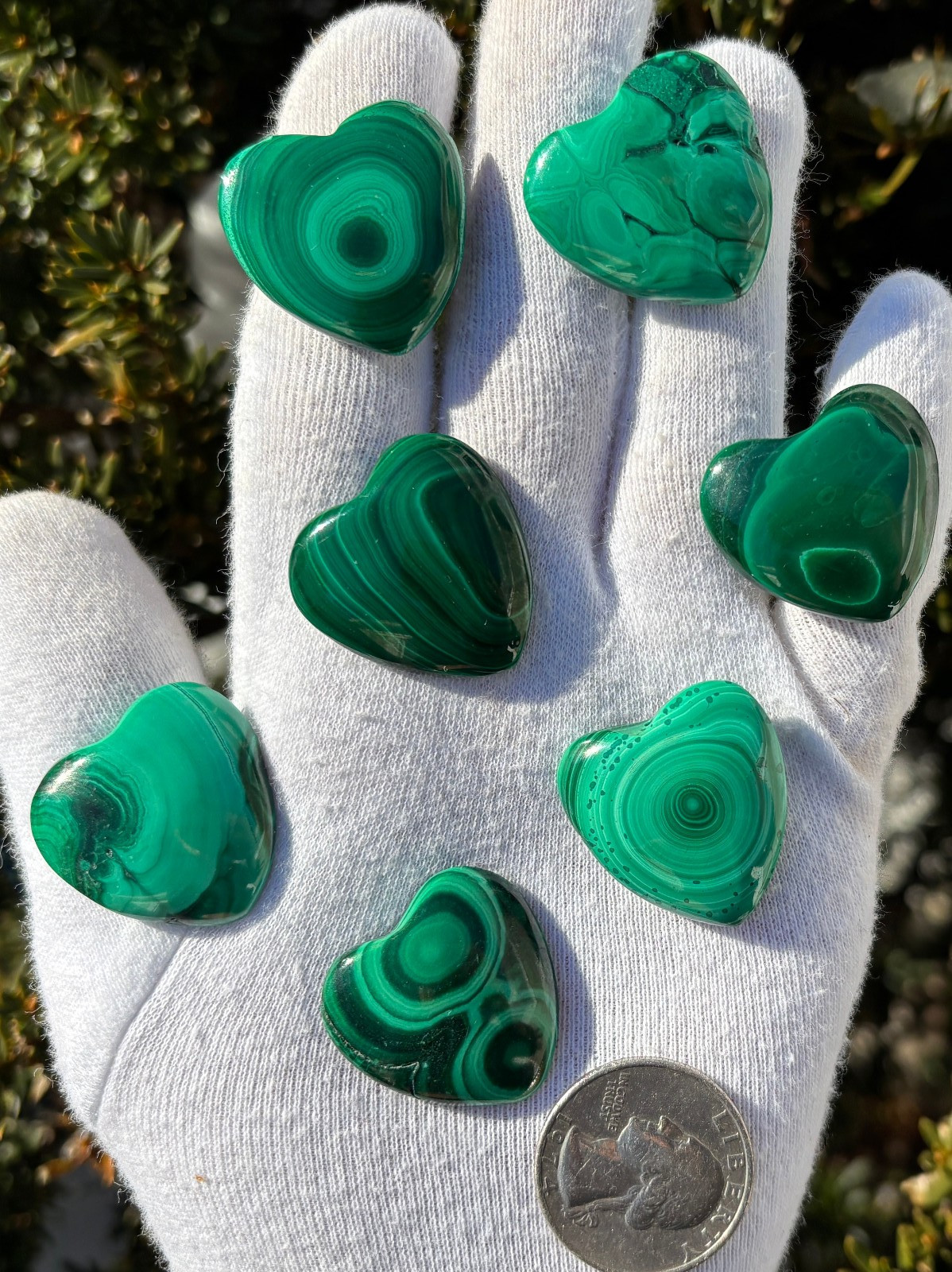 USA SALE 67g LOT 7 MALACHITE POLISHED SMALL HEARTS HEART POCKET PALMSTONE PALM