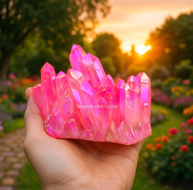 Angel Aura Pink Crystal Cluster Titanium Pink Quartz Gemstone Mineral Specimen