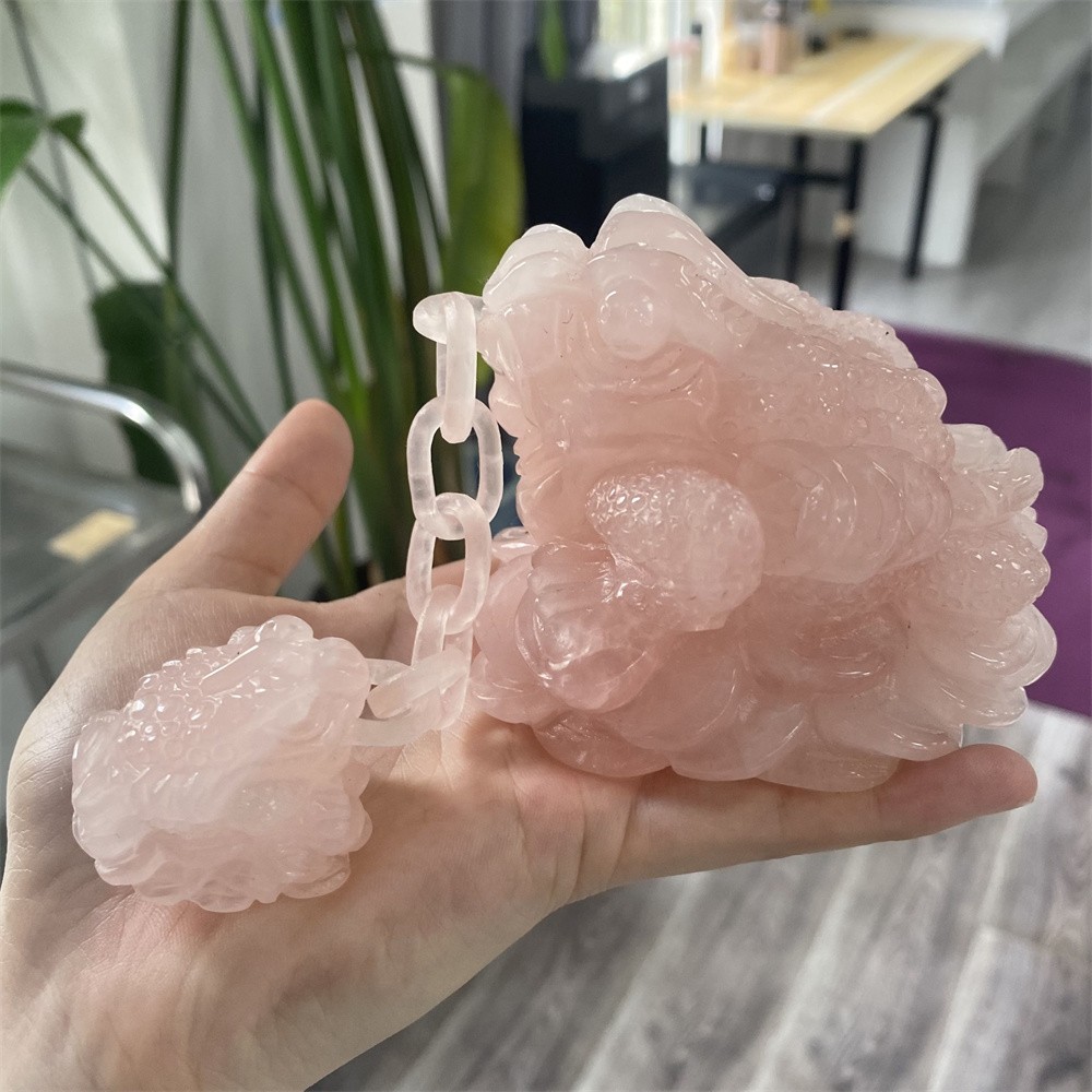 1.1LB 3.5″Natural Rose Quartz Golden Toad Crystal Reiki Carving Heal Decor