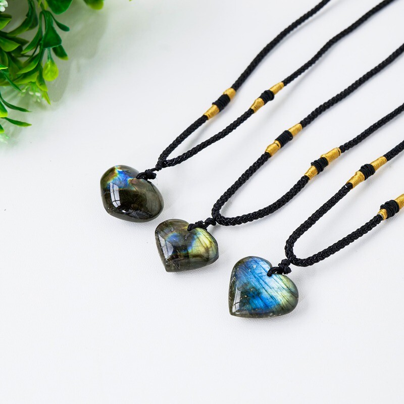 Natural Labradorite Heart Shaped Pendant Chakra Quartz Crystal Necklace Reiki US