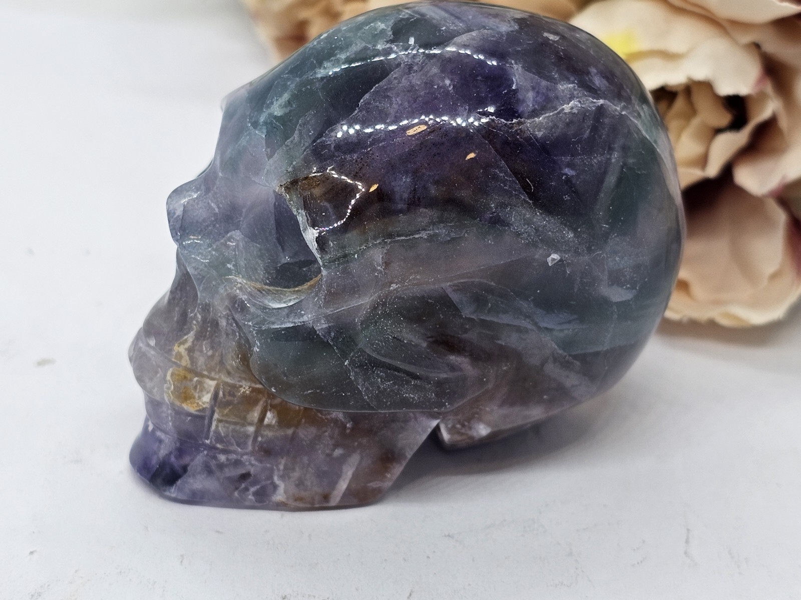 Rainbow Fluorite Skull Crystal Carving 248g Purple Green Blue 5x 6 x 4cm